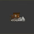 Wooden House with Water Wheel Built on Rocks and Wooden Bridge
