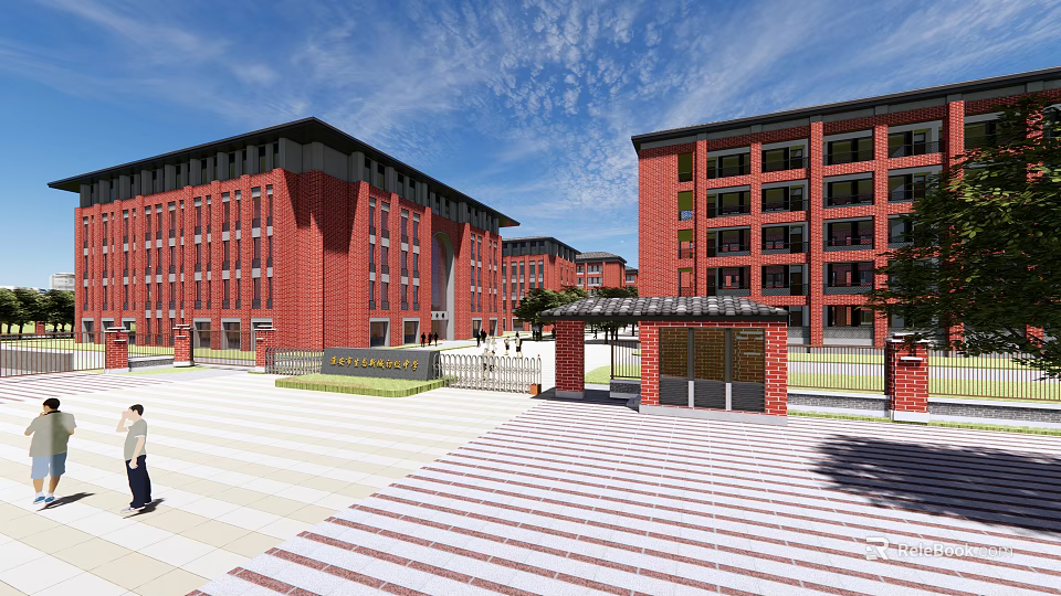 Red Brick School Buildings With Multiple Floors And Open Square Entrance Area 3d model 