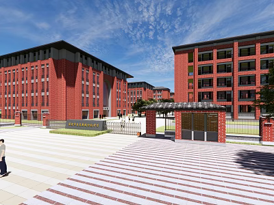 Red Brick School Buildings With Multiple Floors And Open Square Entrance Area 3d model