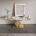 Modern Gold Console Table with Geometric Base Decorative Items on Tabletop and Laser-Cut Frame 3d model