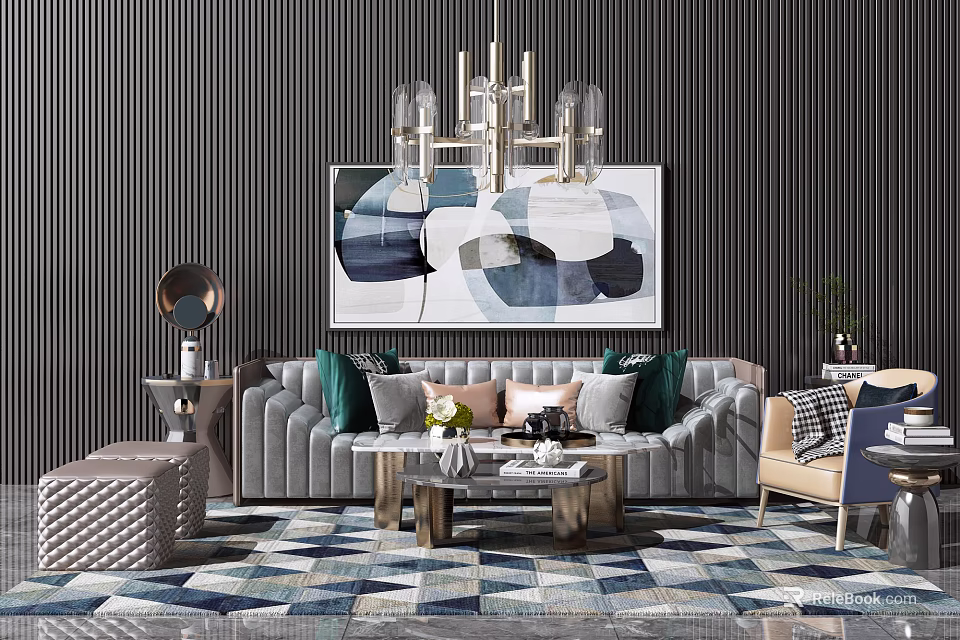 Elegant Gray Sofa Coffee Table Set With Throw Pillows Geometric Rug And Abstract Wall Art 3d model