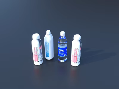 Bottled Beverages With White And Blue Transparent Bottles On Dark Reflective Surface 3d model