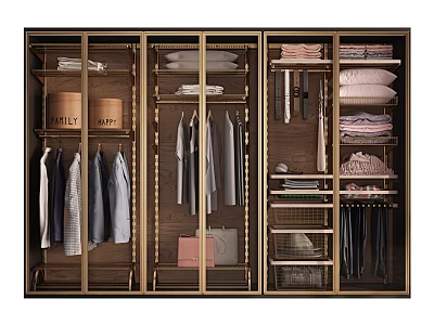 Elegant Modern Wardrobe Interior With Hanging Folded Clothes And Storage Boxes 3d model