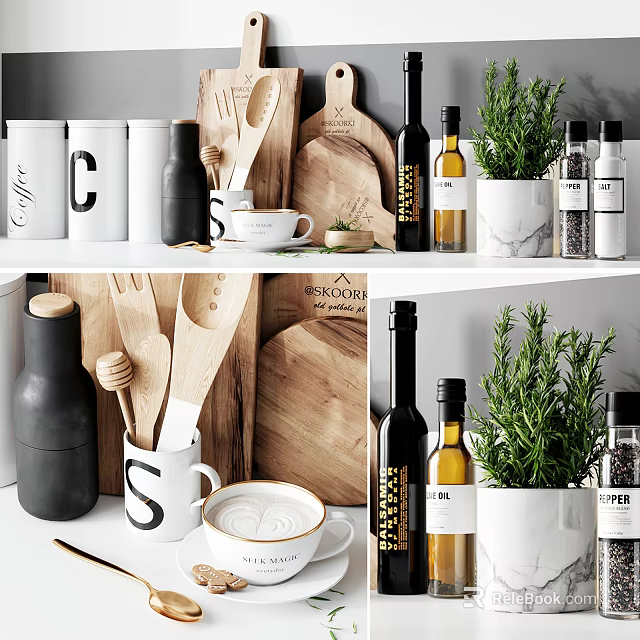 Stylish Kitchen Shelf Display With Wooden Utensils Ceramic Cups Glass Oil Bottles And Herb Plant 3d model 