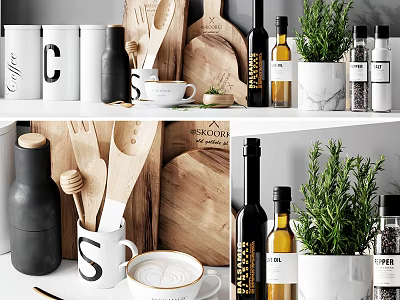 Stylish Kitchen Shelf Display With Wooden Utensils Ceramic Cups Glass Oil Bottles And Herb Plant 3d model