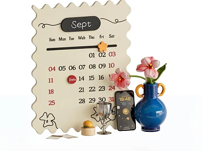 Decorative Ornament Set with September Calendar Blue Vase Pink Flowers Mobile Phone Wine Glass Yellow Decor 3d model