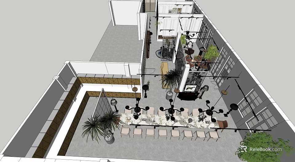 Cozy Leisure Lounge Area With Comfortable Seating Green Plants And Pendant Lights 3d model 