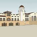 Traditional European Hotel Building With Red Roof White Walls Arched Windows And Courtyard