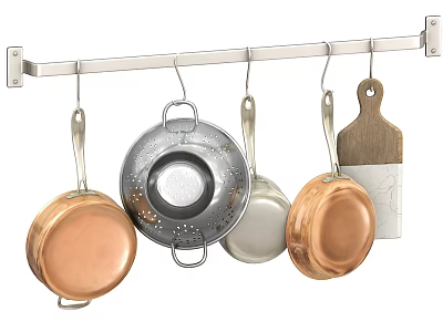Hanging Kitchen Utensils Rack With Copper Pans Strainer And Wooden Cutting Board 3d model