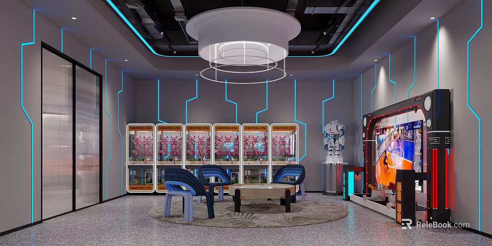 Hi tech Interior Space With Display Cabinets Blue Lighting And Seating Area 3d model 