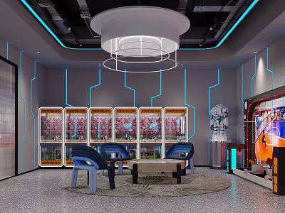 Hi tech Interior Space With Display Cabinets Blue Lighting And Seating Area 3d model