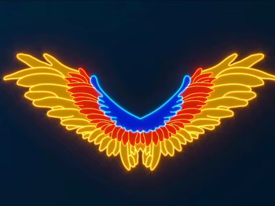 Eye Catching Neon Decorative Light with Wing Shaped Yellow Red Blue Glow on Black Background 3d model