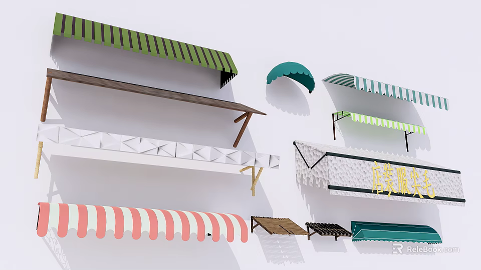 Various Colorful Garden Awnings With Striped And Geometric Designs For Outdoor Decor 3d model 