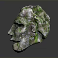 Mystical Stone Mask Depicting Ancient Character With Moss Covered Creature Features And Weathered Texture