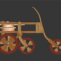 Wooden Mechanical Cart Model with Intricate Gear System and Red Wheel Design