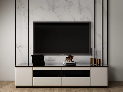 Modern White and Gold TV Stand Against Marble Wall with Decorative Items Books and Vases 3d model