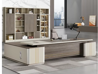 Modern Office Interior With Spacious Desk Display Cabinet And City View Decorations 3d model