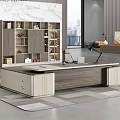 Modern Office Interior With Spacious Desk Display Cabinet And City View Decorations