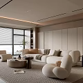 Modern Living Room Interior with Beige Sofa Large Windows Rug and Round Coffee Tables