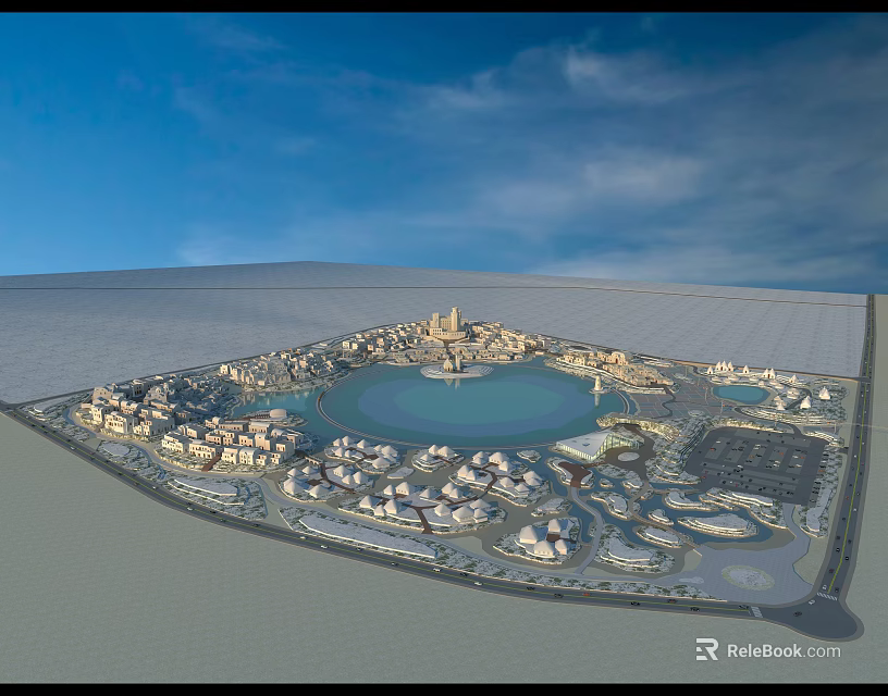 Aerial Planning of Urban Layout With Central Lake Building Clusters and Green Spaces 3d model 