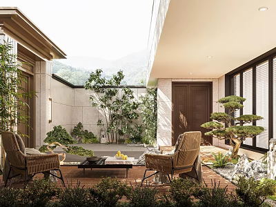 Garden Landscape Courtyard With Outdoor Chairs Coffee Table Green Plants And Bonsai Pine Tree 3d model