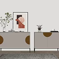 Elegant Entryway Hallway With Beige Cabinets Orange Circular Accents Green Plants And Geometric Art Painting