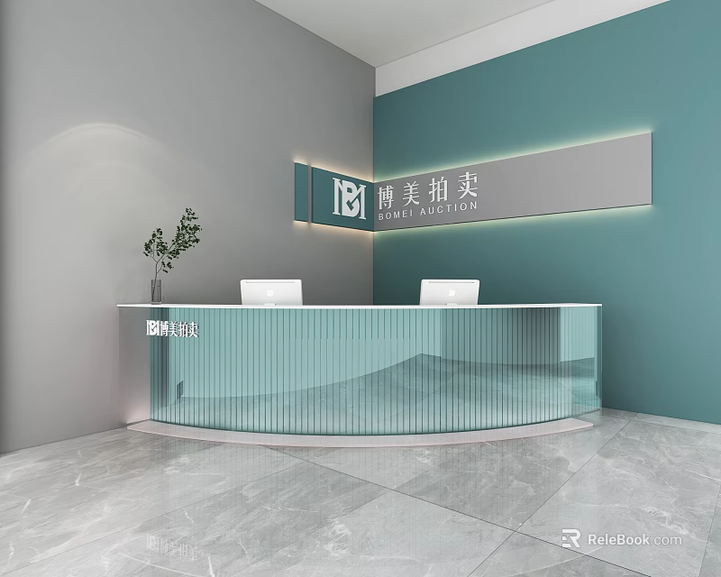 Modern Reception Interior Design With Glass Desk Teal Wall Lighting And White Chairs 3d model 