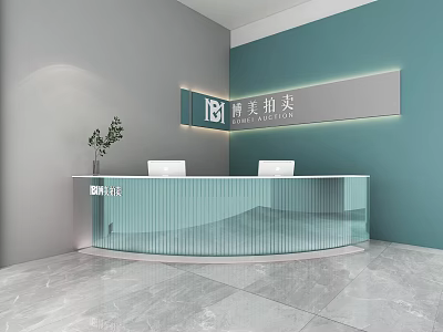 Modern Reception Interior Design With Glass Desk Teal Wall Lighting And White Chairs 3d model