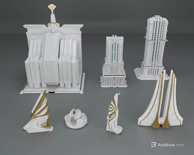 Cartoon Style Architectural Building Models With White And Gold Details And Various Shapes 3d model 