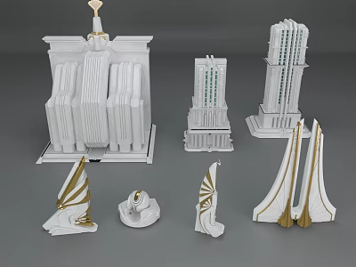 Cartoon Style Architectural Building Models With White And Gold Details And Various Shapes 3d model