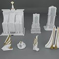 Cartoon Style Architectural Building Models With White And Gold Details And Various Shapes