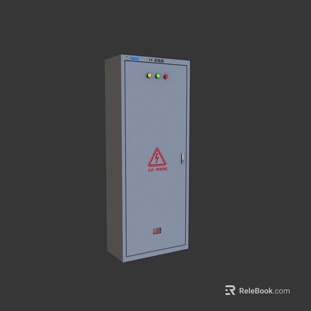 Industrial High Voltage Electrical Cabinet With Gray Enclosure Red Warning Sign And Top Indicator Lights 3d model 