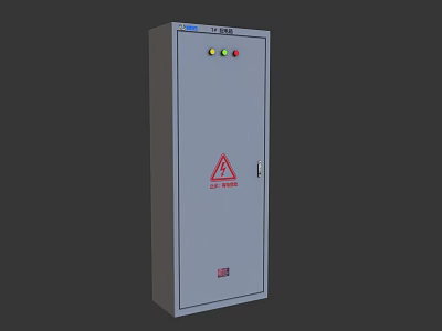 Industrial High Voltage Electrical Cabinet With Gray Enclosure Red Warning Sign And Top Indicator Lights 3d model