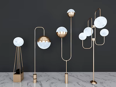 Modern Floor Lamps With Gold Metal Frames And Round White Shades 3d model