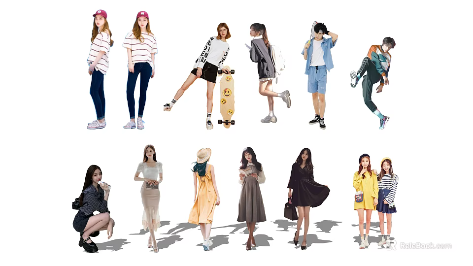 Group of People Posing in Various Styles With Fashionable Clothing Outfits 3d model 