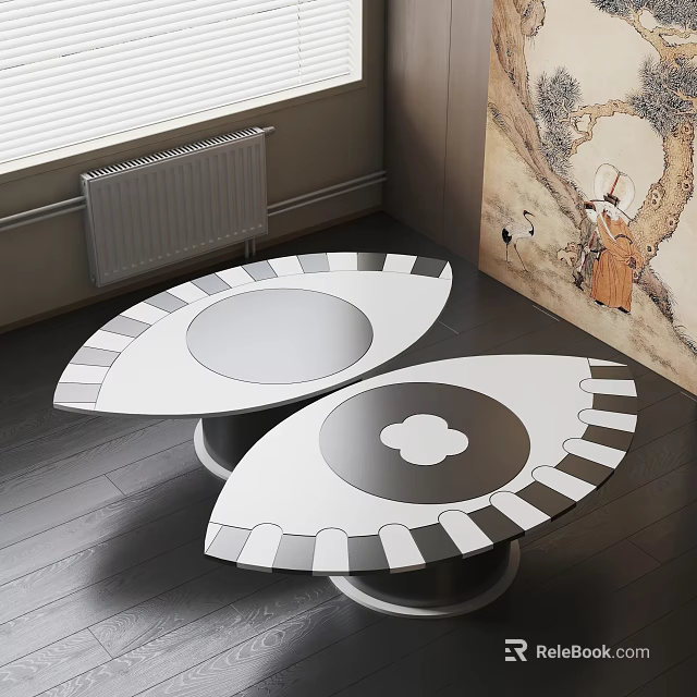 Two Modern Unique Coffee Tables With Black White Geometric Pattern And Round Flower Details 3d model 