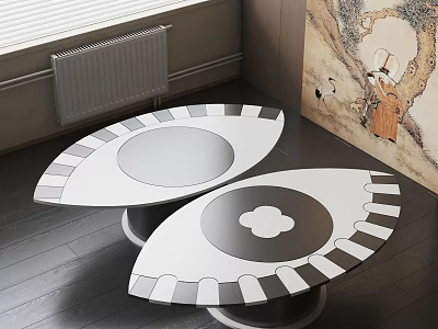 Two Modern Unique Coffee Tables With Black White Geometric Pattern And Round Flower Details 3d model