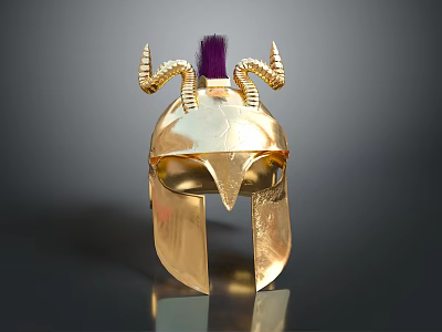 Mythical Warrior Golden Helmet With Horns And Purple Plume Decoration 3d model