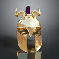 Mythical Warrior Golden Helmet With Horns And Purple Plume Decoration