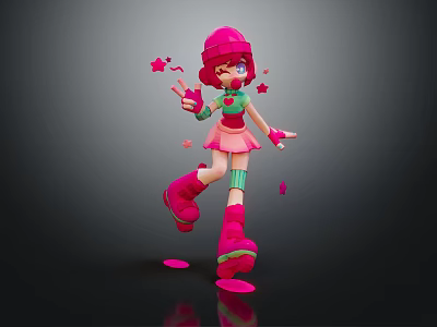 Game Movie Character with Pink Hair Hat and Boots Dancing with Stars in Outfit 3d model
