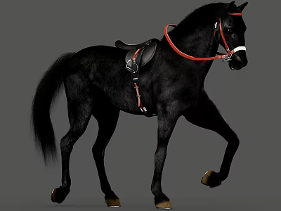 Full View Of Black Horse With Saddle And Red Bridle 3d model