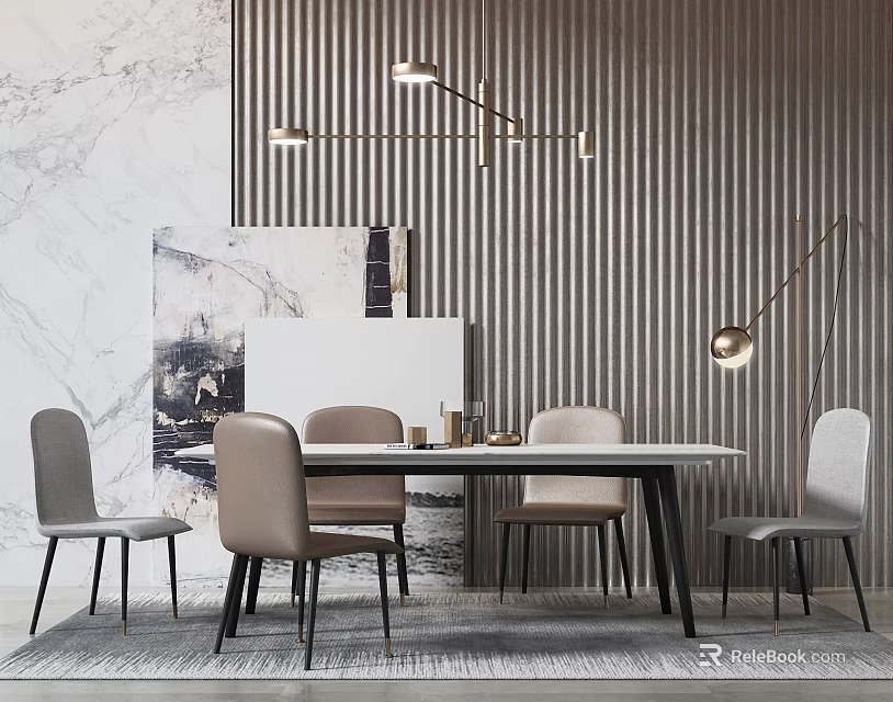 Modern Dining Table Set With Beige Chairs Marble Wall Striped Decor And Chandelier 3d model