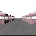 Row Of Pink Outdoor Decorative Pavilions With Multiple Stalls And Stone Floor