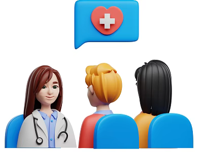 Doctor Consulting Patients With Heart Cross Icon In Speech Bubble 3d model