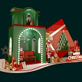 Christmas Festive Scene With Green House Red Gift Box Tree And Nutcrackers