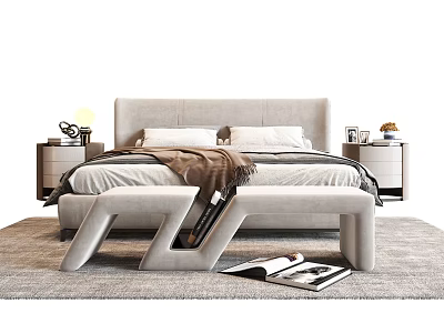 Double Bed with Light Gray Headboard Nightstands Table Lamp Blanket Bench on Neutral Rug and Magazines 3d model