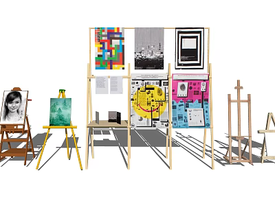 Colorful Musical Instruments and Art Supplies Display With Easels Paintings Drawing Boards and Brushes 3d model