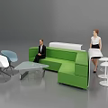 Modern Green Sofa and Light Gray Coffee Table Set with White Stools and Chairs 3d model