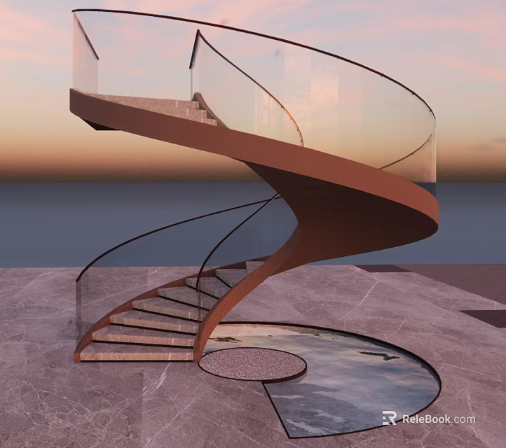 Modern Spiral Staircase Sculpture with Glass Railing and Marble Floor Design 3d model 