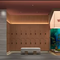 Modern SPA Sauna Locker Room With Wooden Lockers Resting Bench And Green Plants